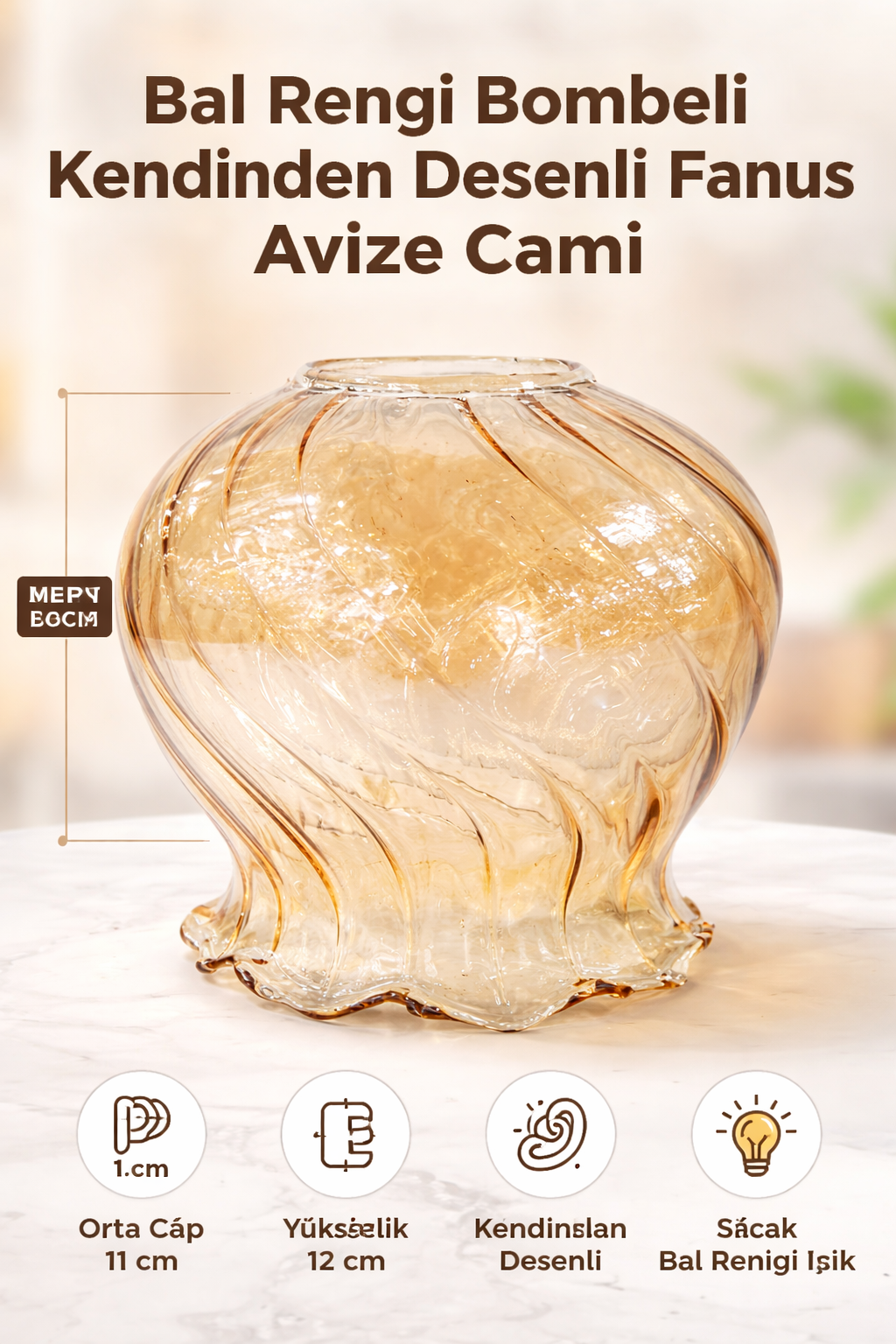 Bal Rengi Bombeli Kendinden Desenli Fanus Avize Cam�