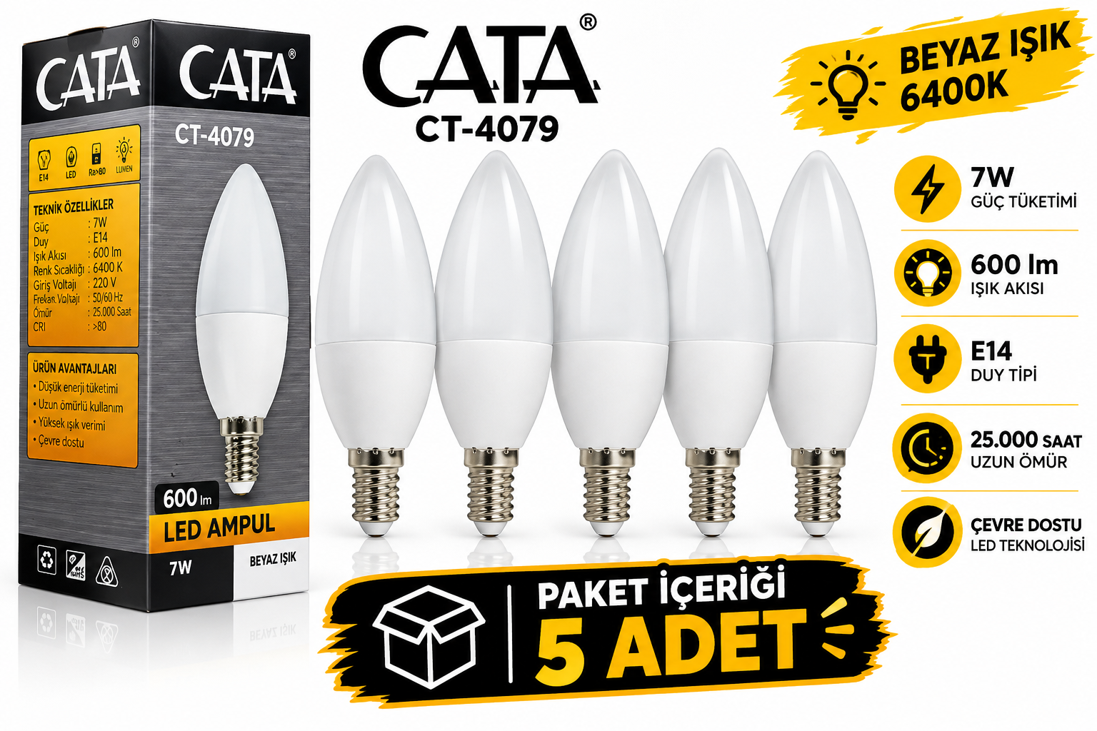 Cata Buji Ampul Mum 7W Beyaz Cata CT-4079 5'li Paket