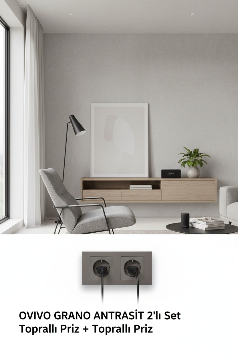 Ovivo Grano Antrasit 2'li Set Toprakl� Priz + Toprakl� Priz