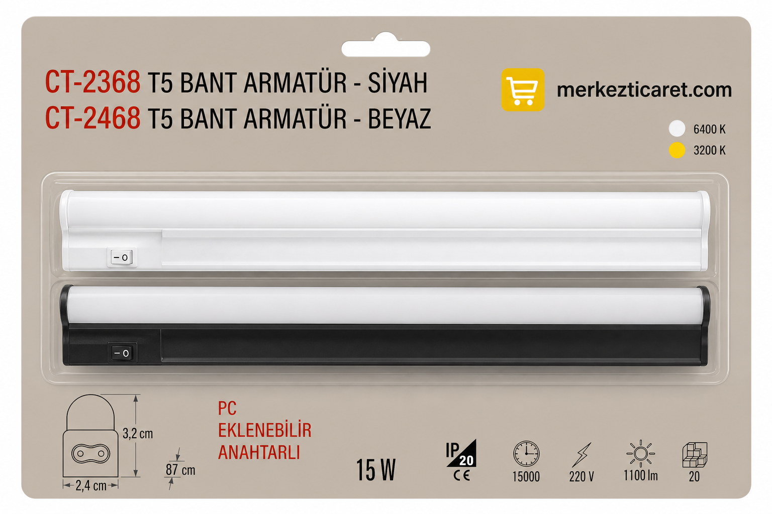 CT-2468 Beyaz Kasa T5 Bant Armat�r 15W Beyaz