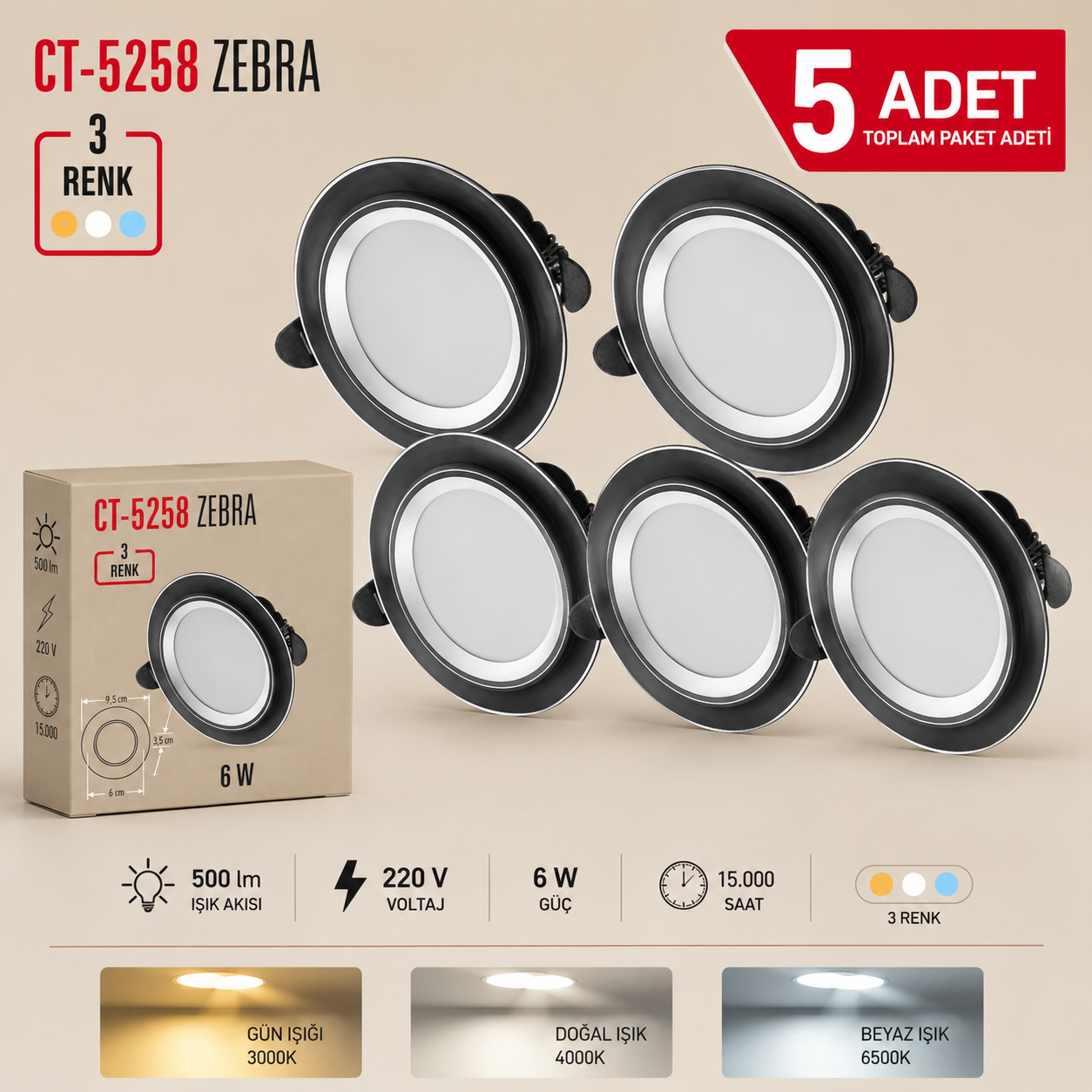 CT-5258 Zebra Led Spot 3 Renk I��k Siyah Kasa 5 Adet
